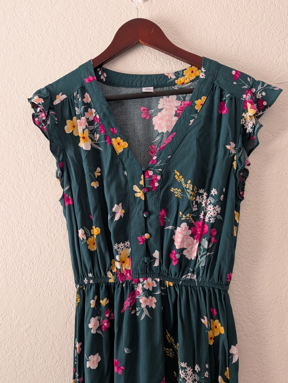 Old Navy Green Pink Floral Ruffle Sleeve Midi Dress Size Small - Picture 4 of 13